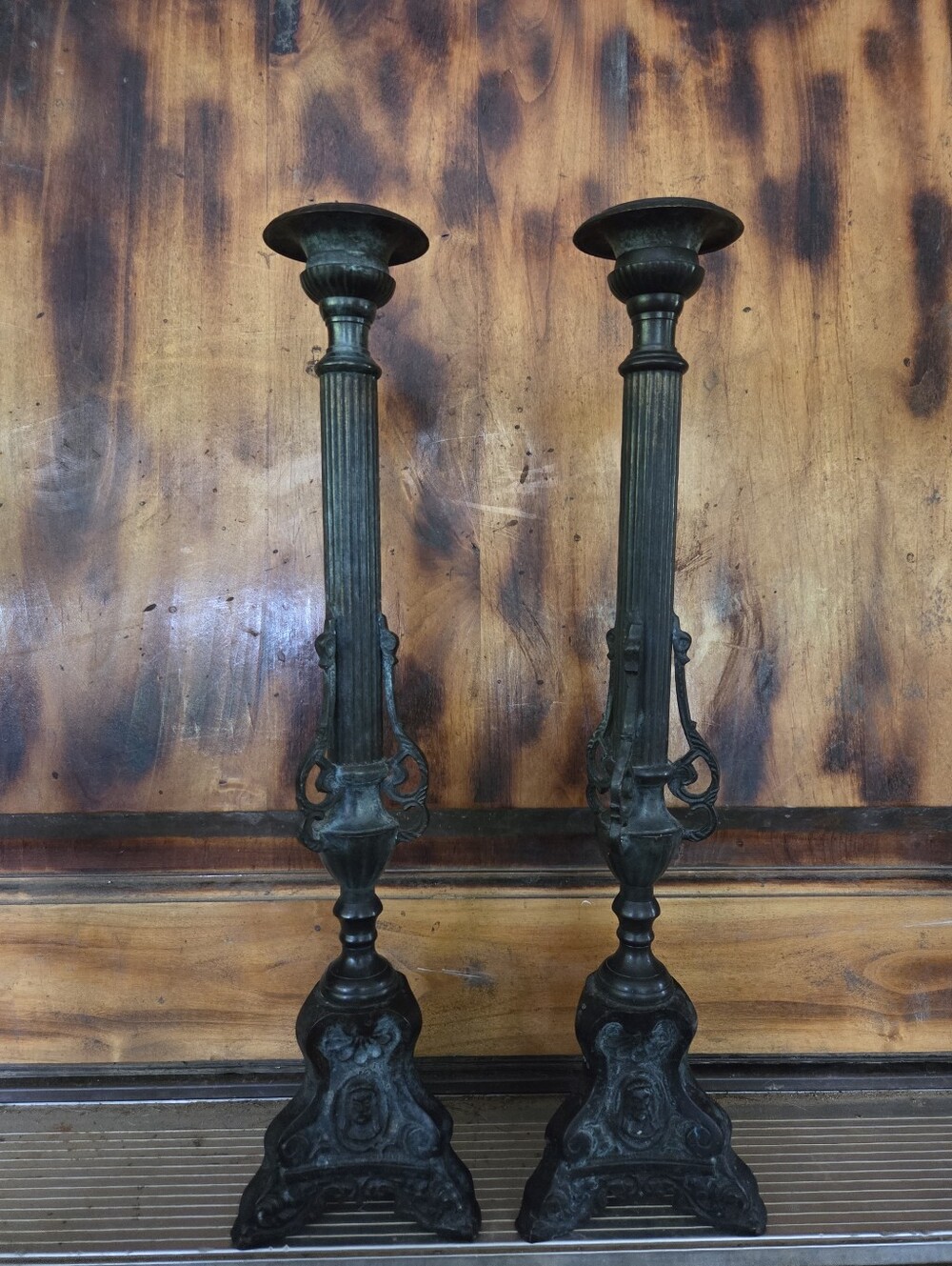 Antique-Style Black Metal Candlestick Pair - Decorative Home Accent